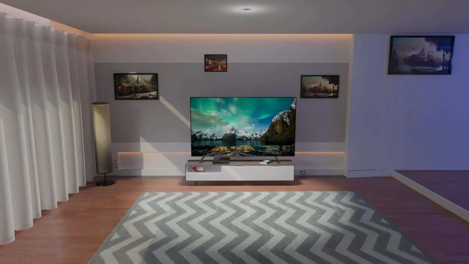 A real living room with a TV and a rug