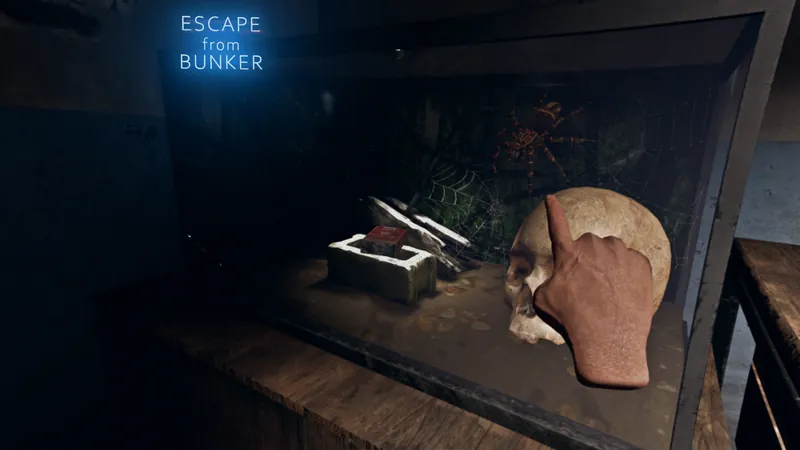 A skull and tools inside a glass display case