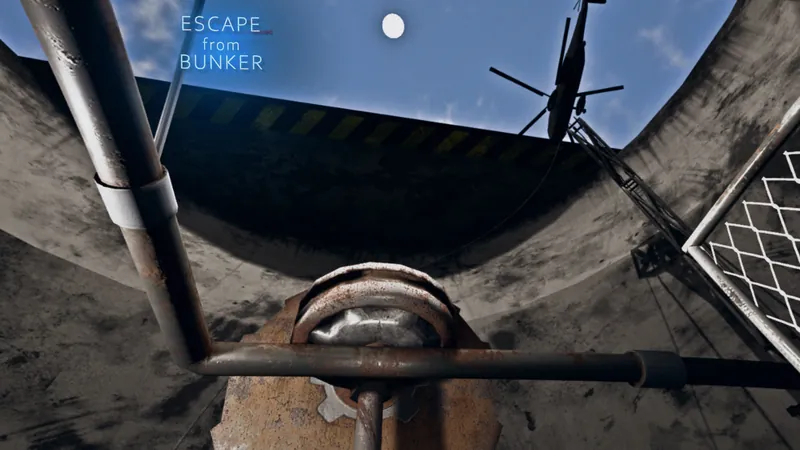 Looking up through an open hatch at the sky and a helicopter