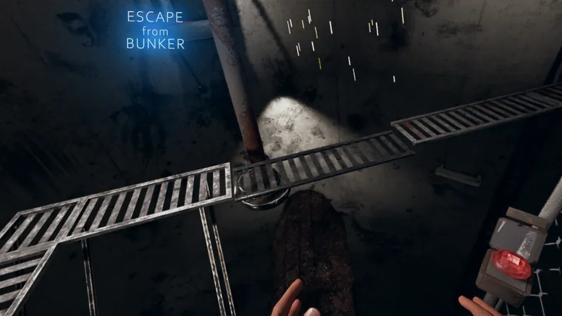 A narrow metal walkway over a dark shaft