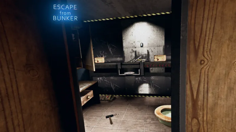 A bunker bathroom with a hammer on the floor